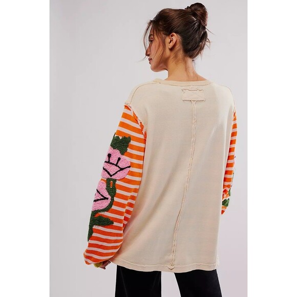 Free People We The Free Rose Stem Tee Tunic Top Embroidered Striped M NEW 283223 - Picture 3 of 9